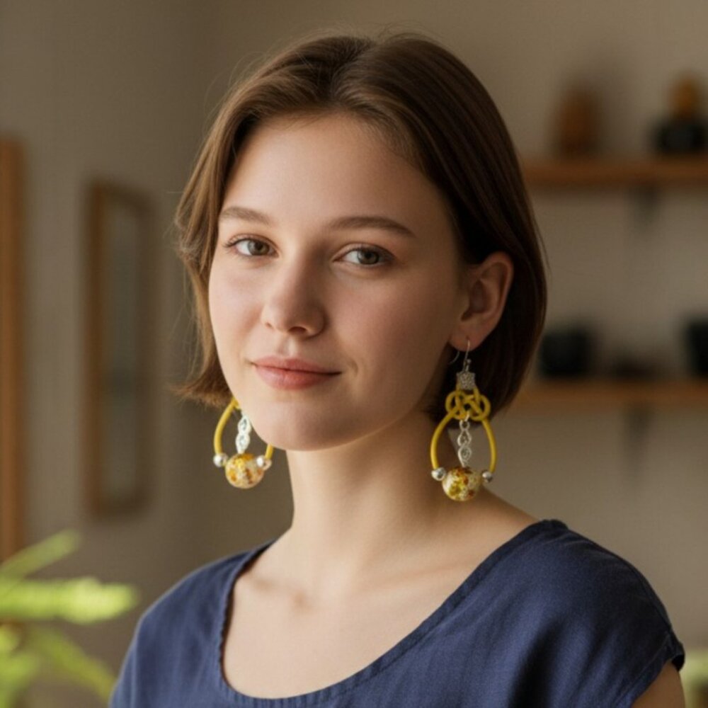Yellow Celtic Knot Leather Earrings with Ceramic Bead